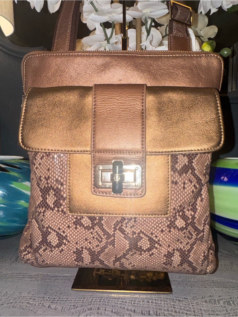 EUC Sharif Metallic Snake-Print Crossbody or Shoulder Bag w/ Turn Lock - Picture 3 of 12